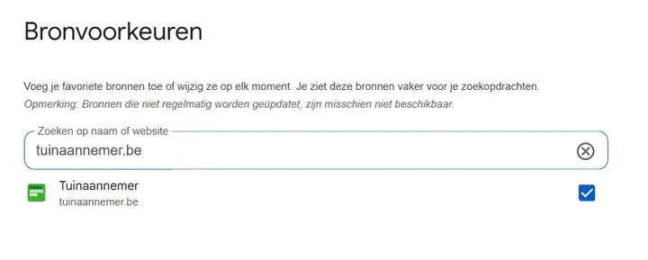 Blauw vinkje bevestigt tuinaannemer.be als voorkeursbron