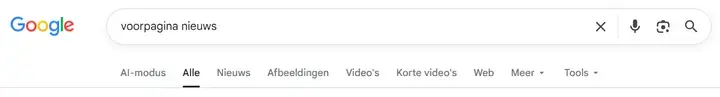 Google zoekbalk met zoekopdracht voorpagina nieuws