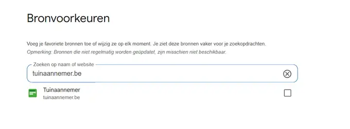 Zoek tuinaannemer.be in het Bronvoorkeuren scherm