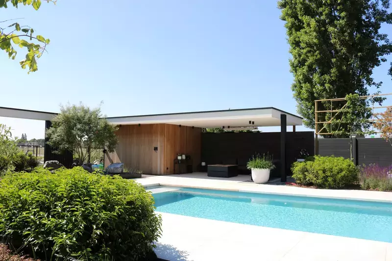 op de voorgtond een wolkmassief met daarchter een zwembad en poolhouse met overdekte zithoek.