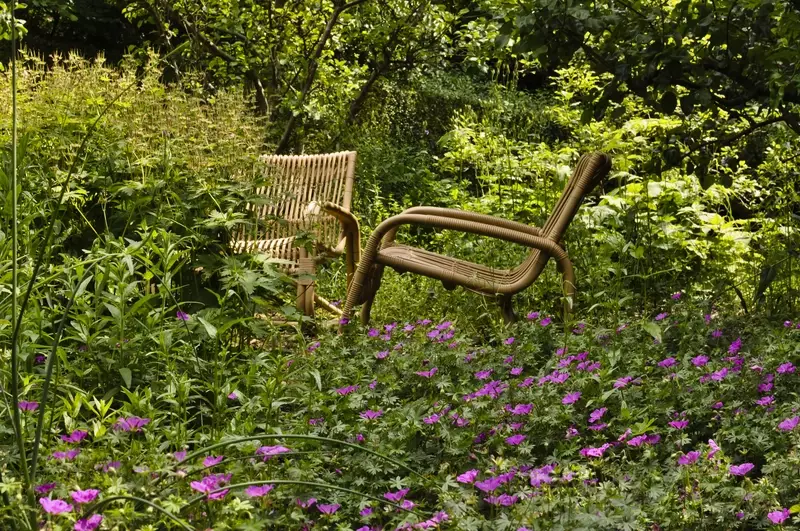 Deze tuin kreeg zijn metamorfose doorheen de jaren door het aanbrengen van verschillende bomen en een kruiden- en bessentuin met veel bestuivende bloemen..