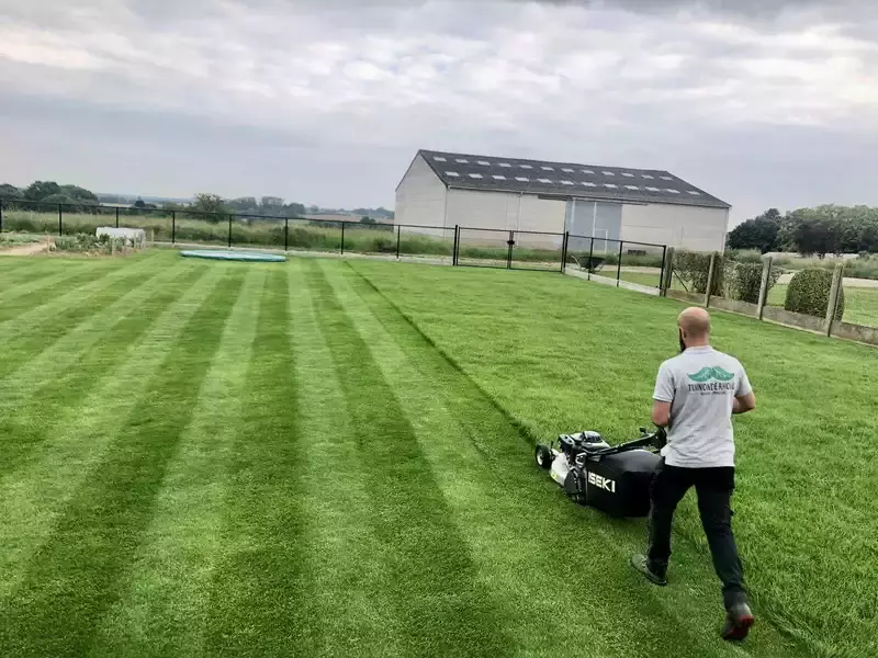 Maaien met een professionele aandrijfwalsmachine voor een prachtig streeppatroon in het gazon