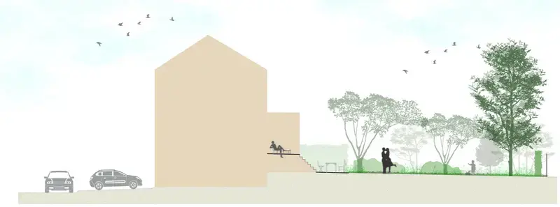 Technische terreinprofielsnede van de woning en tuin, inclusief hoogteverschillen en de landschappelijke integratie.