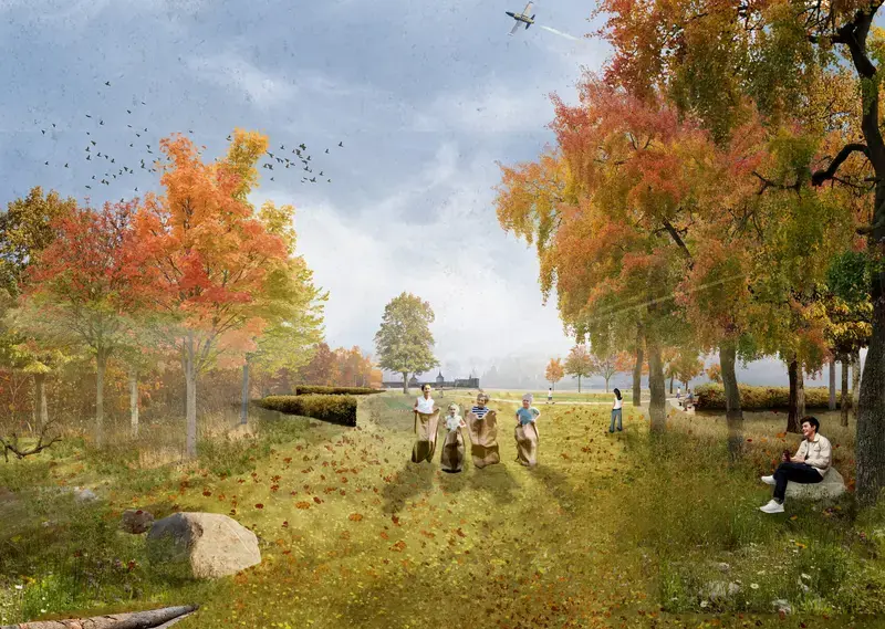 Sfeervolle landschapscollage van een park in herfstkleuren met spelende kinderen en bomen met herfstloof.