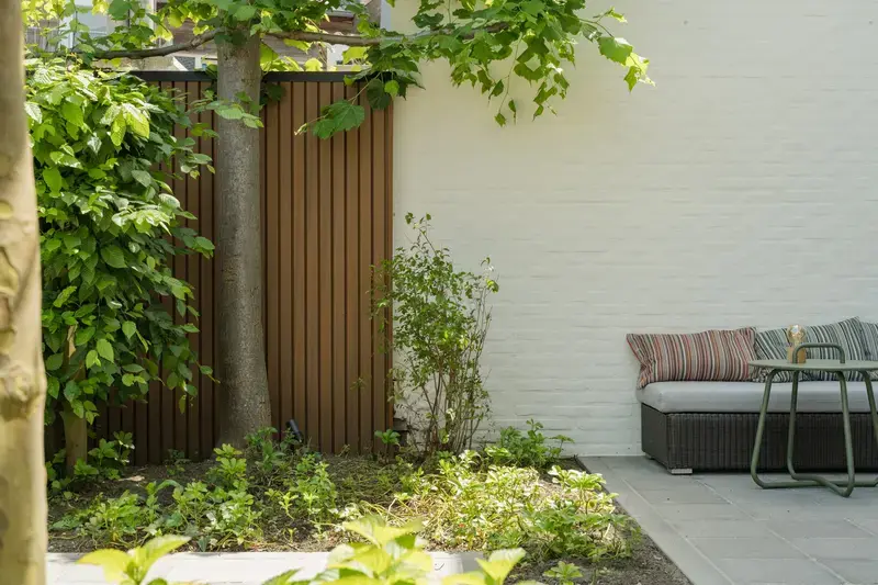 Tuinschutting aansluitend aan gevel met boom en terras