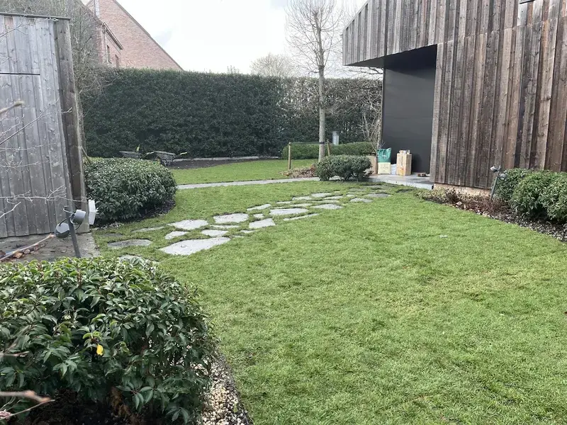 Aanleg gazon met stapstenen flagstones