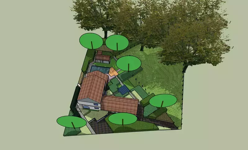 Landelijke tuin met hoogteverschillen en infiltratie.