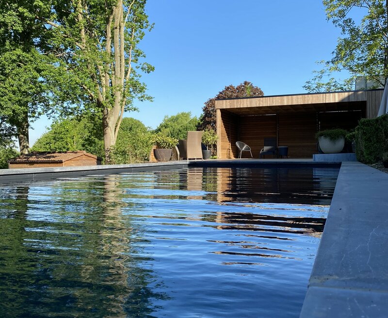Gerenoveerde hedendaagse tuin met zwembad 'Zalig zwemmen in gerenoveerde villatuin'