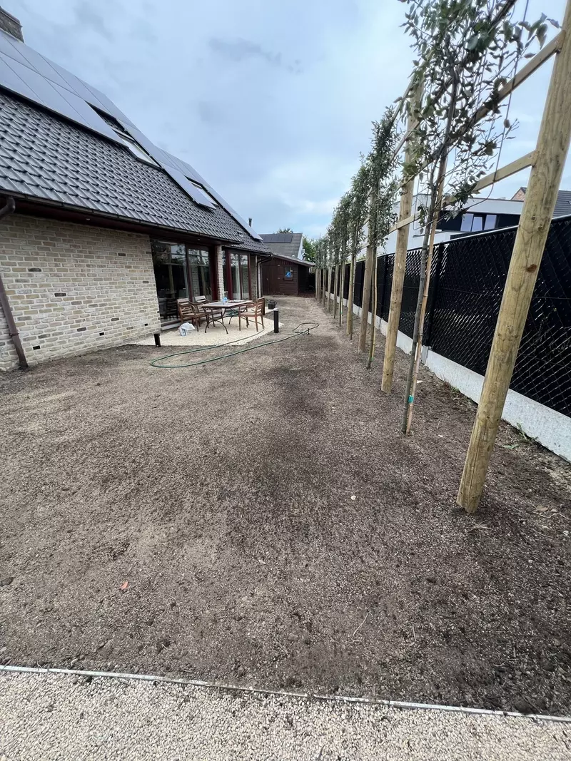 Aanleg terrassen, leibomen en inzaaien van gras voltooid