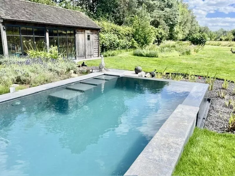 Biopool infinity met donkergrijze liner, trap en fonteinen