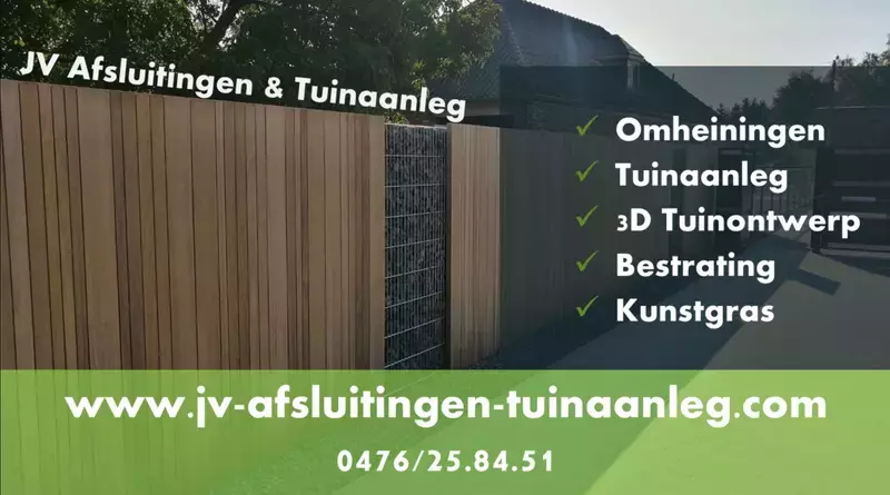 Een overzicht van de diensten van JV Afsluitingen en Tuinaanleg. Op de achtergrond een strakke en warme afsluiting gemaakt van Ayous hout en schanskorven.