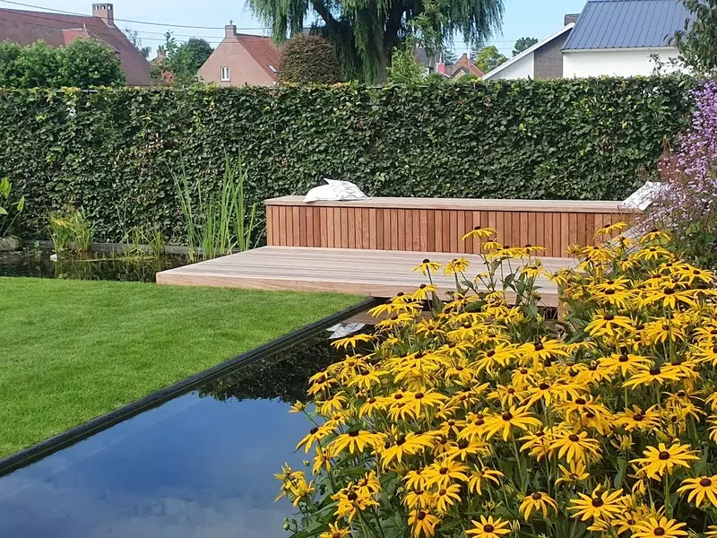 voorbeeld kleine tuin met bio diversiteit en waterpartij