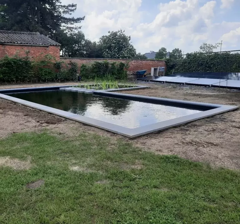 Strakke zwemvijver met EPDM liner aangelegd door D&R Vijverbouw in Langdorp