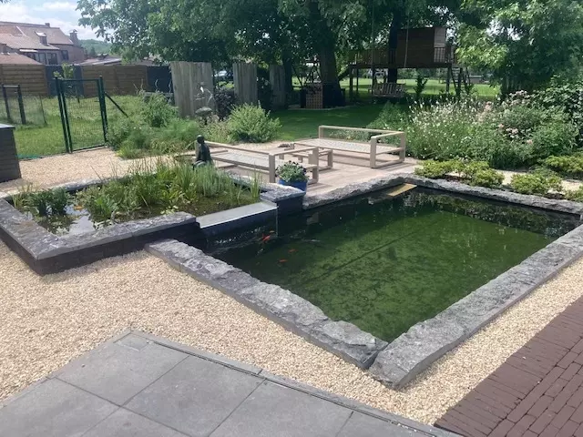 siervijver / zwemvijver, boorden in gebroken ruwe Belgische arduin met een terras in keramische tegels, houtmotief te Ninove