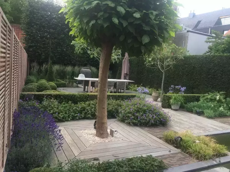 Renovatie van kleine tuin, vernieuwen van vijver en beplanting. Extra terras achteraan. 
