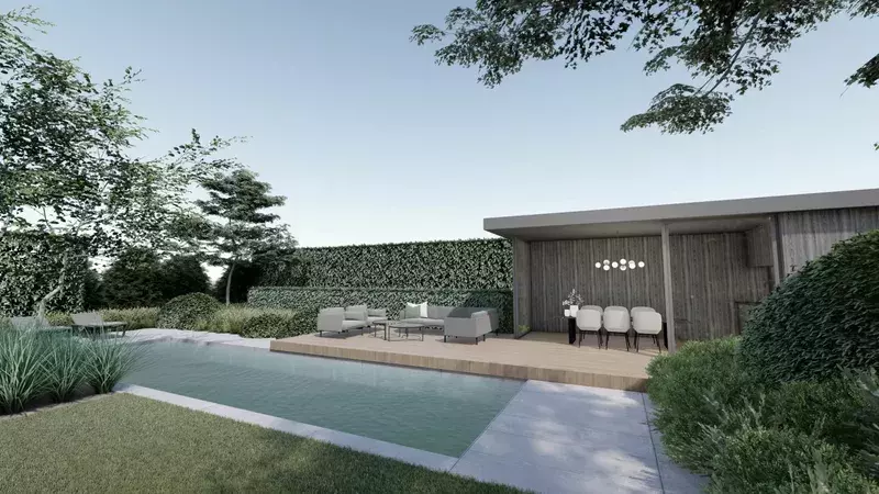 Tuinarchitectuur - achtertuin met zwembad en poolhouse